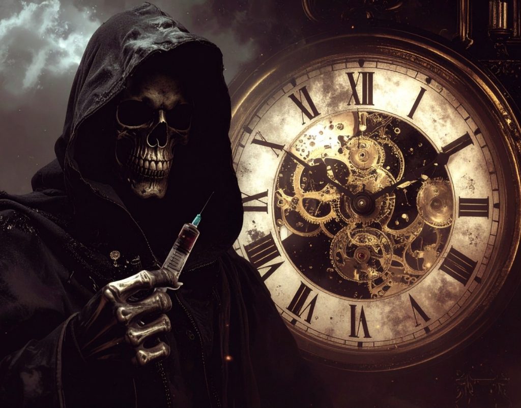 Reloj del tiempo y la parca con una vacuna en la mano