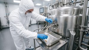 Científico tomando muestras de un biorreactor