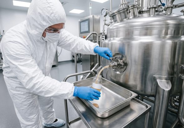 Científico tomando muestras de un biorreactor