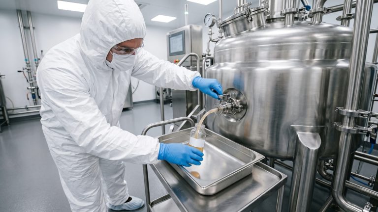 Científico tomando muestras de un biorreactor