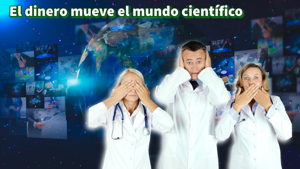 Imagen del mundo y tres médicos tapándose los ojos, los oídos y la boca