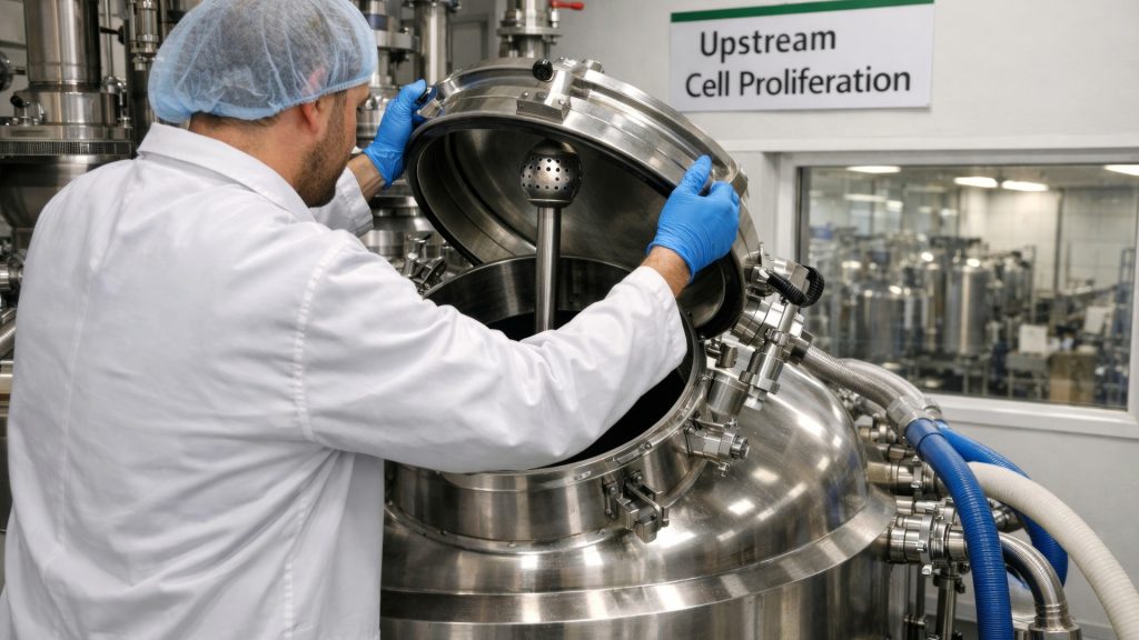 Científico haciendo cultivo de células en biorreactor
