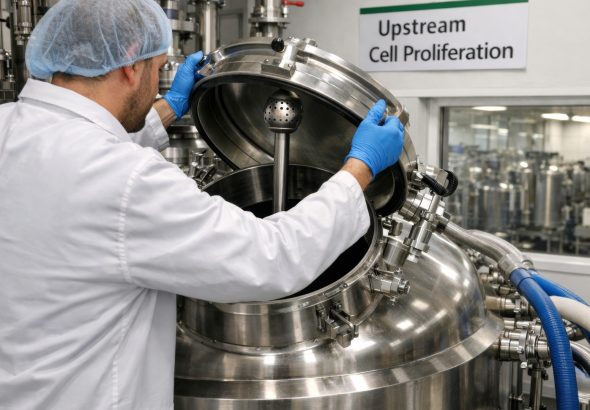 Científico haciendo cultivo de células en biorreactor